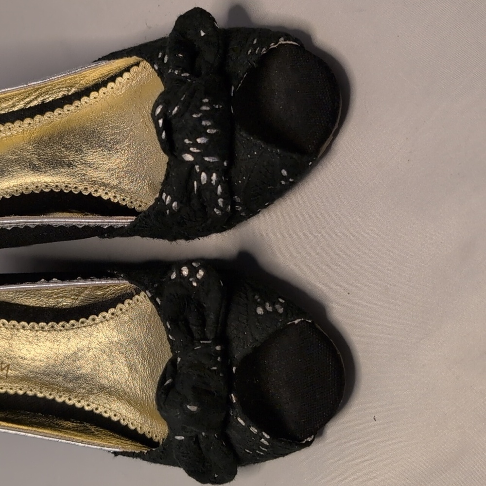 Sam Edelman Black & Silver Canvas Peep Toe Wedge Heels - Picture 7 of 16